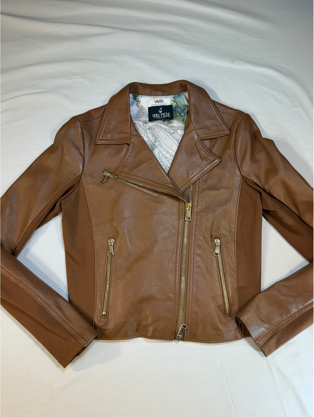 Vera Pelle Brown Leather Jacket with Floral Lining